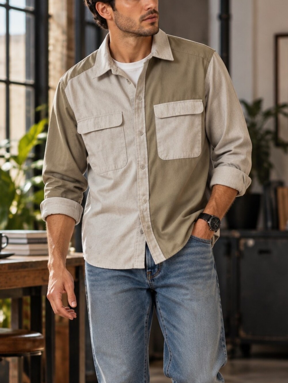 ONLY & SONS Two-Tone Colorblock Utility Button-Down Shirt  S/P